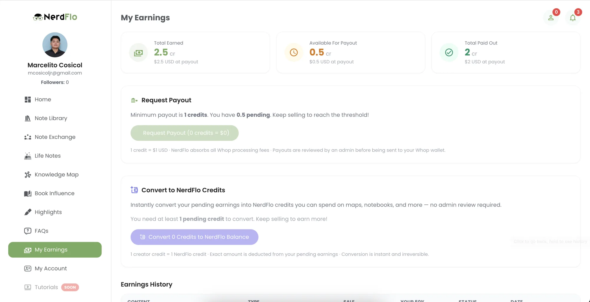 NerdFlo My Earnings page showing total earned, balance available for payout, and total paid out