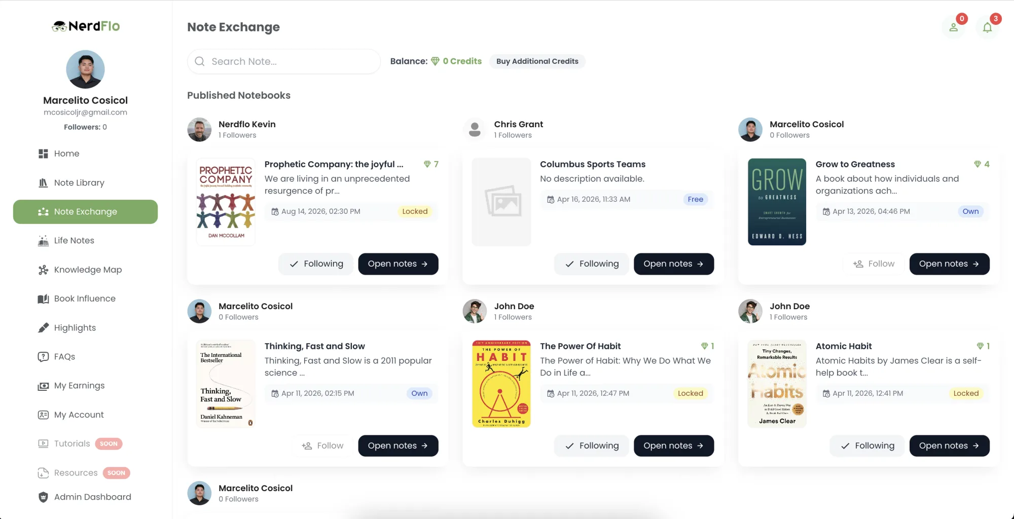The NerdFlo Note Exchange showing published notebooks from different creators, with follow and open notes buttons