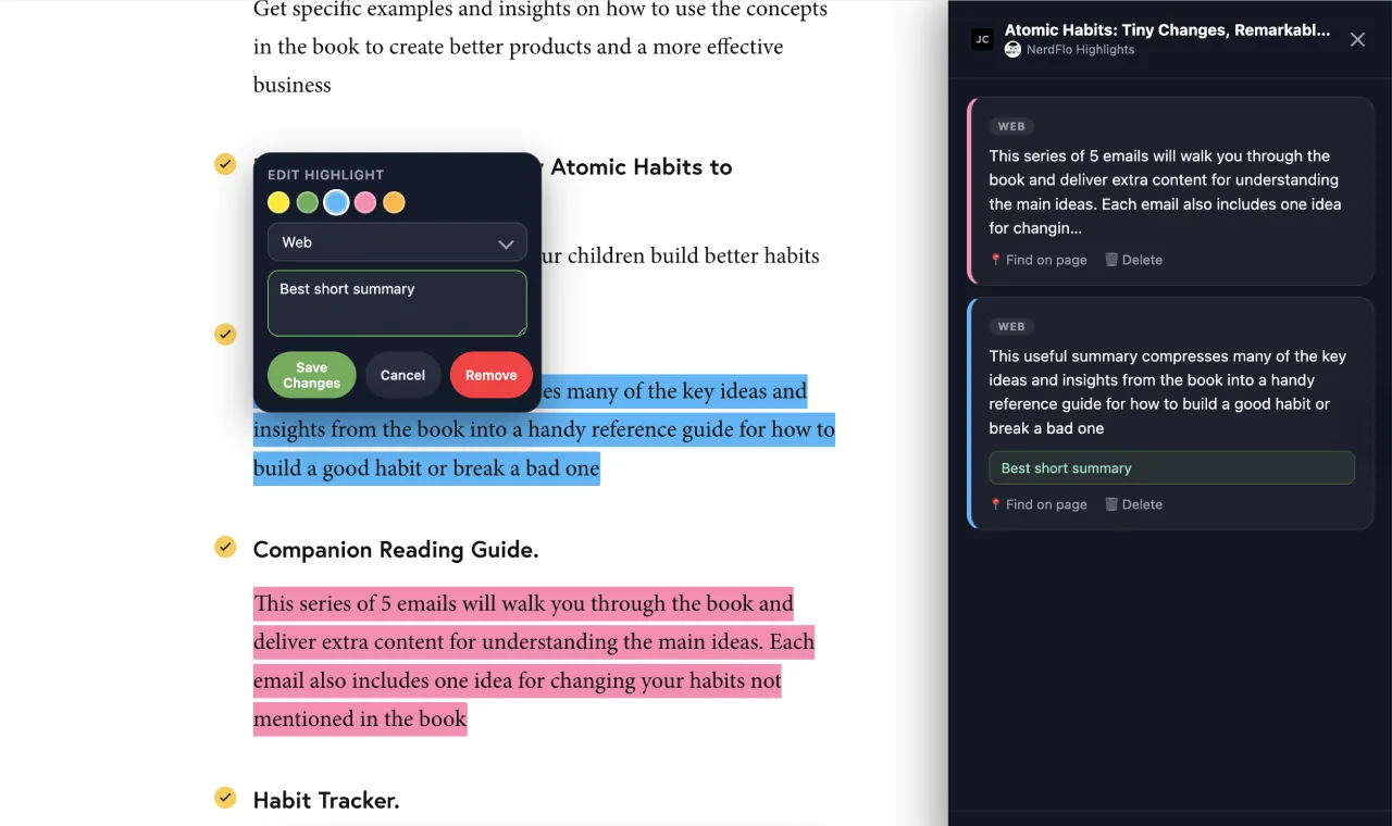 The NerdFlo Web Highlighter editing a highlight on a web page, with the saved highlights panel open